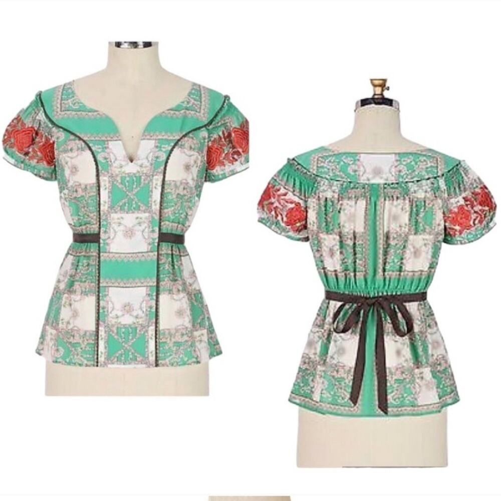 y2k Anthro Container Garden Silk Print Embroidered  Womens 12 Milkmaid Peasant